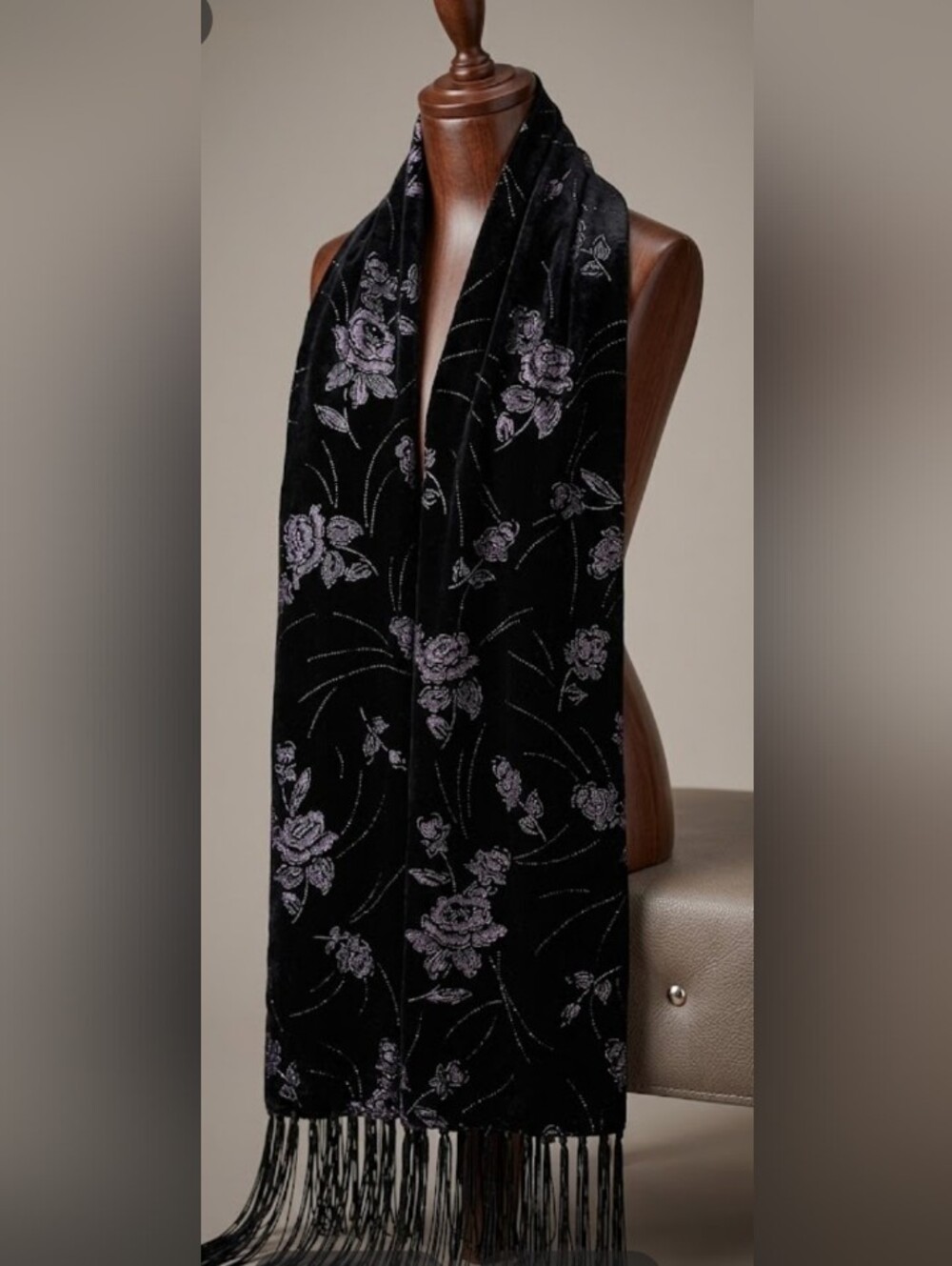 Black Velvet Silk Blend Scarf with Lavender Floral Embroidery - Soft Warm Lux